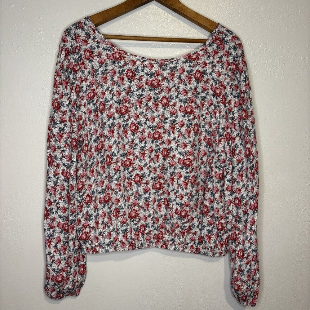 LOFT Top Women's Medium Red Multicolor Floral Long Balloon Sleeve Cropped V Back